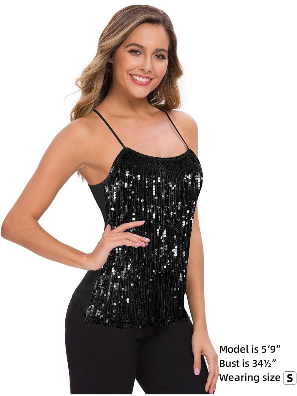 MANER Women’s Sequin Fringe Top Sparkly Party Tank Top Tassel Trim Cami XS